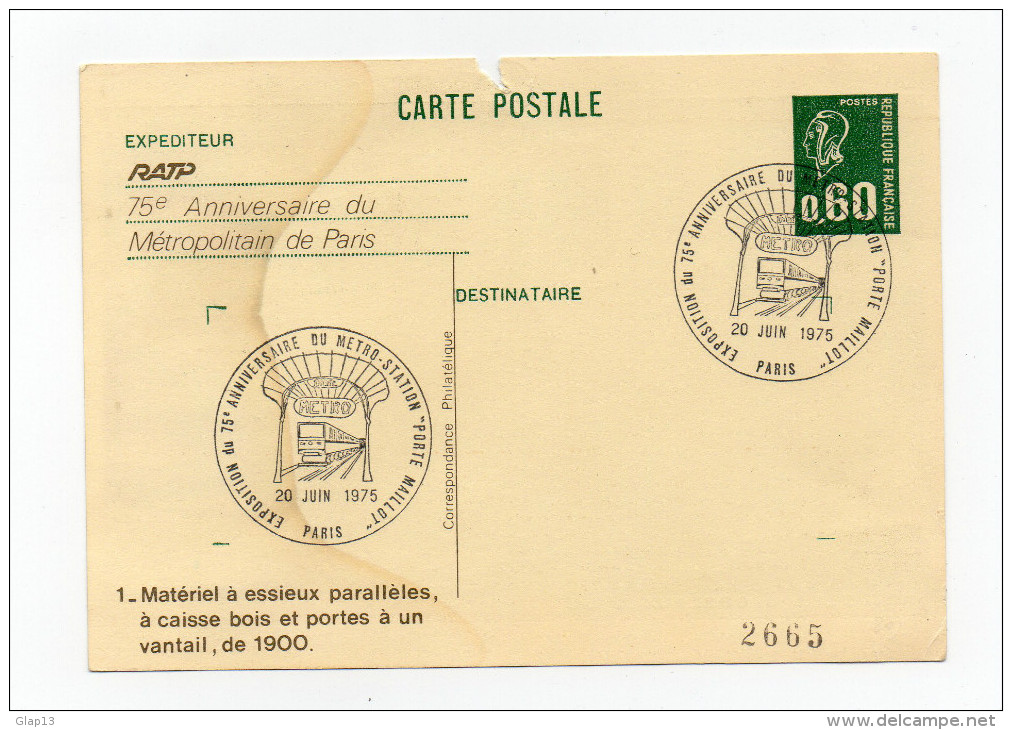 N°1814-CP1 MARIANNE DE BEQUET - 75 ANNIVERSAIRE DU METROPOLITAIN DE PARIS 20/06/175 - Overprinter Postcards (before 1995)