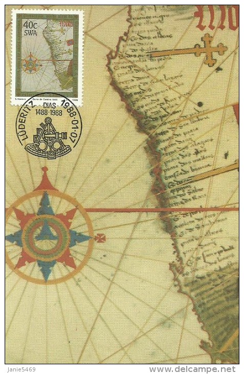 South West Africa 1988 Discovery Of The Cape Of Good Hope, The Cantino Map, Maximum Card - Other & Unclassified