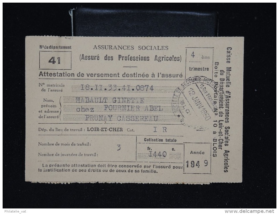 FRANCE - Lot De 6 Attestations De Versement Des Assurés Agricoles En 1949 Et 1950 - A Voir - Lot P11848 - Colecciones