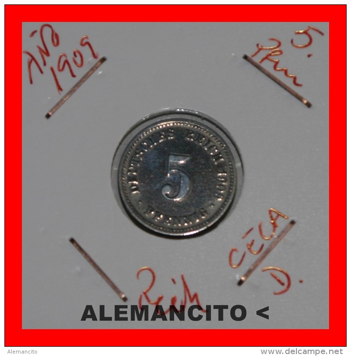 ALEMANIA - IMPERIO 5-Pfn. DEUTSCHES REICH AÑO 1909 - 5 Pfennig