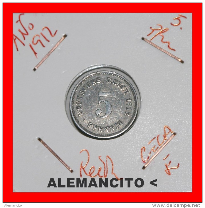 ALEMANIA - IMPERIO 5-Pfn. DEUTSCHES REICH AÑO 1912 - 5 Pfennig