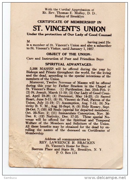 Certificate On Membership In ST. Vincent´s Union - With The Cordial Approbation Of Th. Molloy - Bishop Of Brooklyn 1927 - Religión & Esoterismo