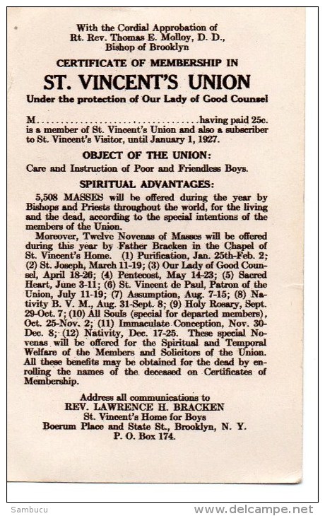 Certificate Of Membership In ST. Vincent´s Union - With The Cordial Approbation Of Th. Molloy - Bishop Of Brooklyn 1927 - Religion &  Esoterik