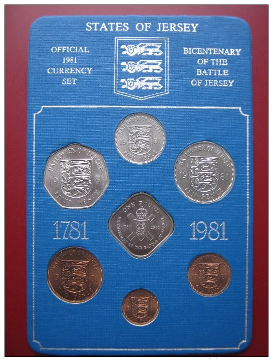 Jersey 1981 7 Coin Set  UNC 1 Penny - 1 Pound In Blue Card With Information - Jersey