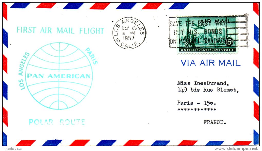 USA. Enveloppe Commémorative Ayant Circulé En 1957. Vol Los Angeles - Paris /Polar Route. - Vols Polaires