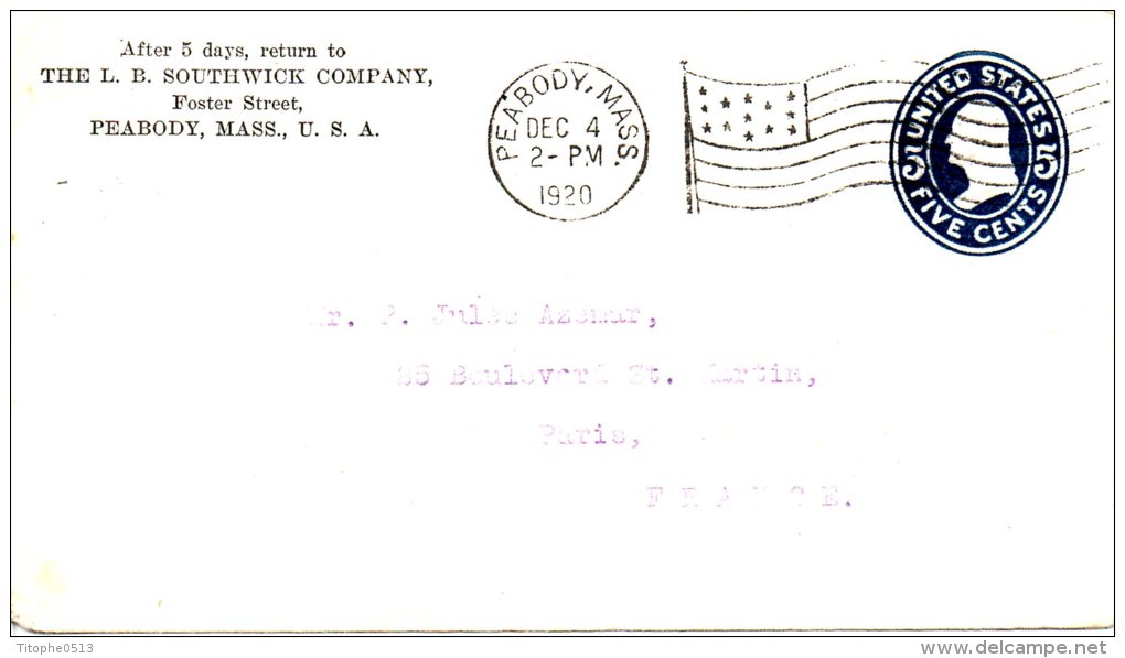 USA. Enveloppe Pré-timbrée Ayant Circulé En 1920 De Peabody Pour Paris. - 1901-20