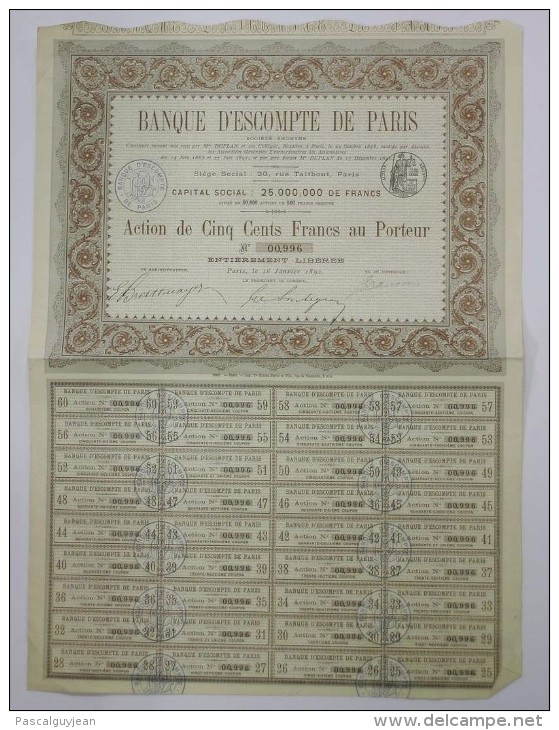 ACTION 500 FRANCS BANQUE D'ESCOMPTE DE PARIS 1892 - A - C