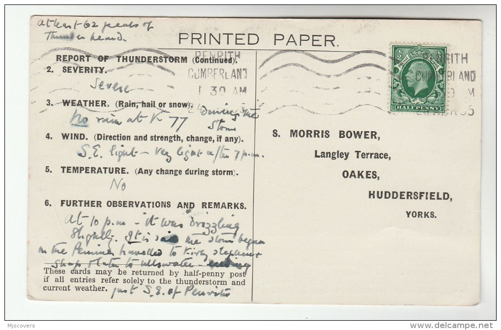 1936  PENRITH COVER Postcard METEOROLOGY Report WEATHER STATION Re THUNDERSTORM Gb Gv Stamps - Climate & Meteorology