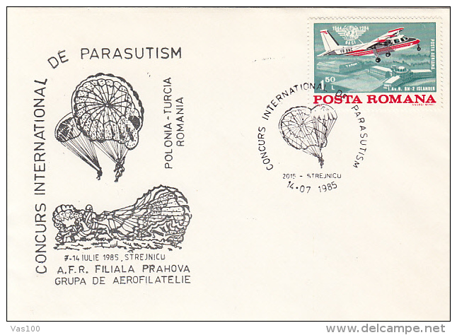 PARACHUTTING INTERNATIONAL CONTEST, PLANE, SPECIAL COVER, 1985, ROMANIA - Parachutting