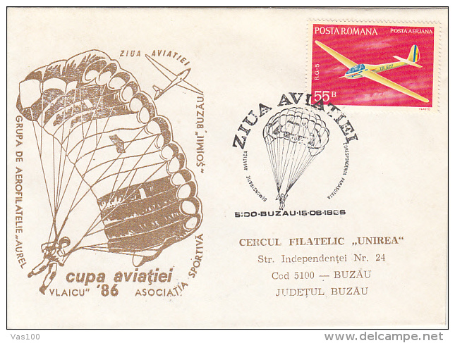 PARACHUTTING, AVIATION CUP, PLANE, SPECIAL COVER, 1986, ROMANIA - Parachutisme