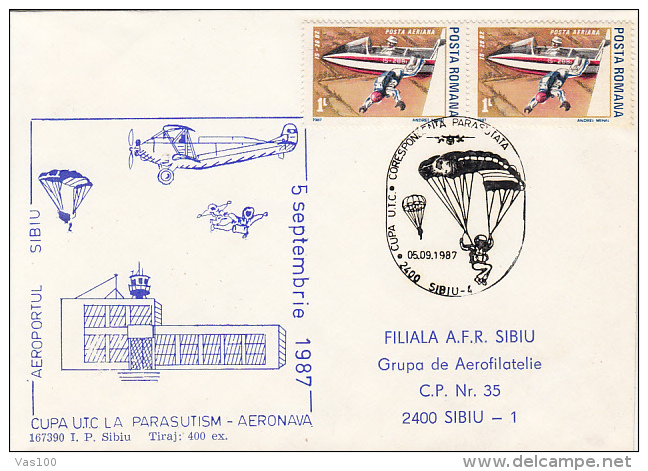 PARACHUTTING, YOUTH COMMUNISTS' CUP, PLANE, SPECIAL COVER, 1987, ROMANIA - Parachutisme