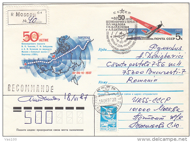 MOSCOW-PORTLAND FLIGHT OVER THE NORTH POLE, PLANE, REGISTERED COVER STATIONERY, ENTIER POSTAL, OBLIT FDC, 1987, RUSSIA - Vuelos Polares