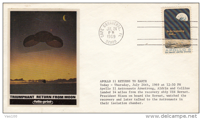 SPACE, COSMOS, FIRST MOON LANDING, TRIUMPHANT RETURN, APOLLO 11, SPECIAL COVER, 1969, USA - Amérique Du Nord