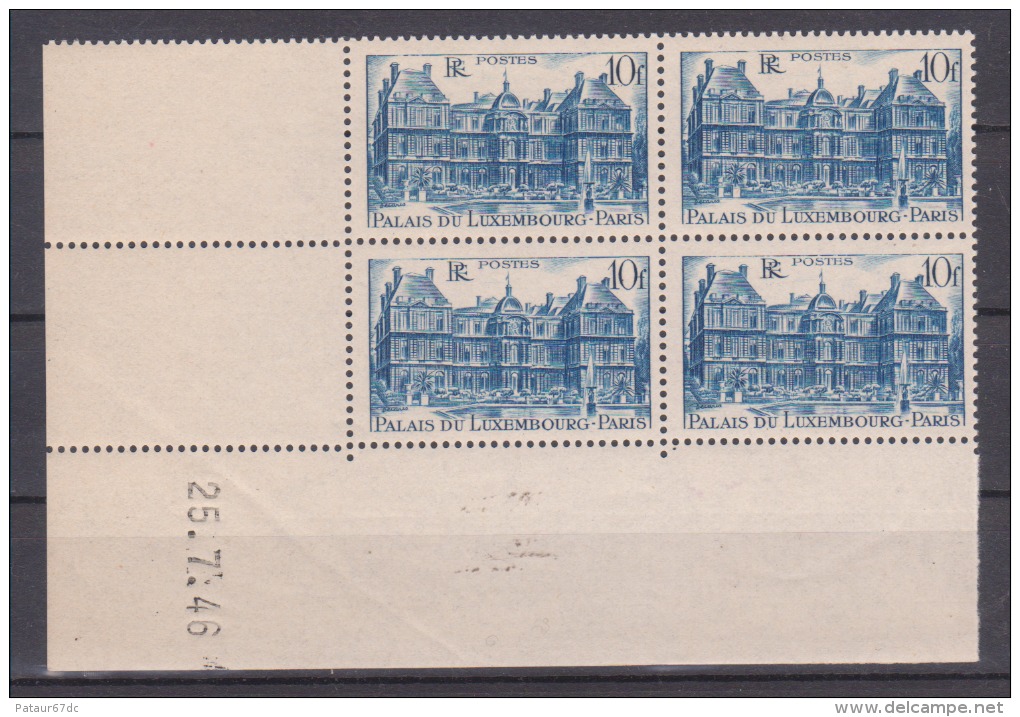 FRANCE / 1946 / Y&T N° 760 ** : Palais Du Luxembourg 10 F (4 TP En Coin Daté 1946/07/25) - 1940-1949