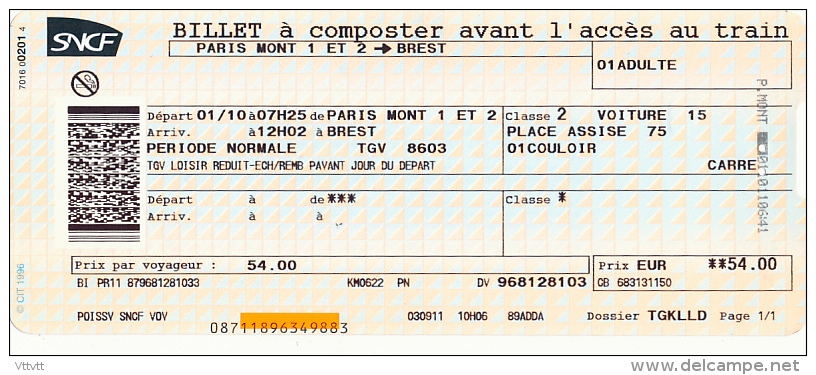 Billet SNCF (2011), Paris Montparnasse - Brest, TGV, Période Normale, Classe 2 - Europe