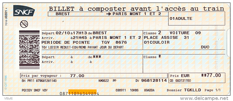 Billet SNCF (2011), Brest - Paris Montparnasse, TGV, Période De Pointe, Classe 2 - Europa