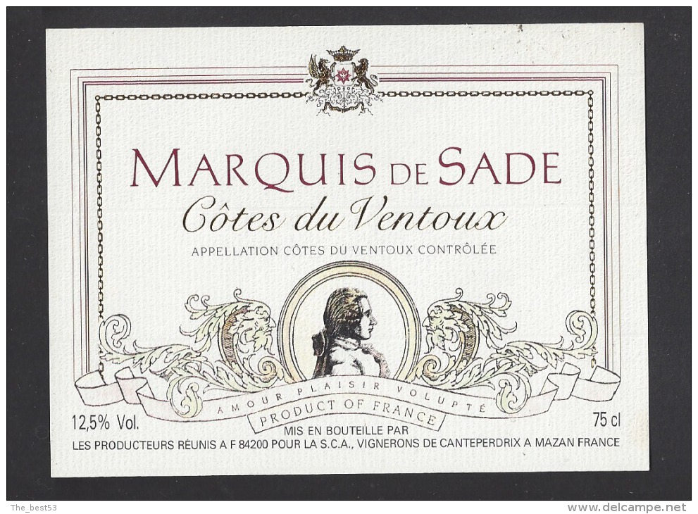 Etiquette De Vin Côtes Du Ventoux -  Marquis De Sade - Thème Personnage Célèbre - Vignerons De Canteperdrix à Mazan (84) - Autres & Non Classés