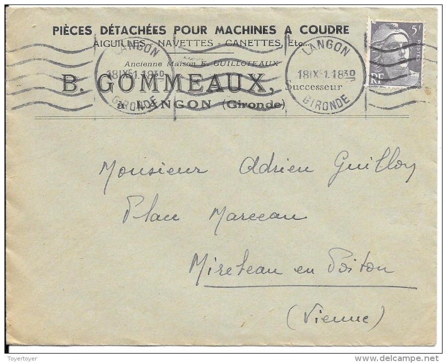 LF 537 Lettre à Entête Pièces Détachées Pour Machine à Coudre , Timbre N°883 - 1921-1960: Période Moderne