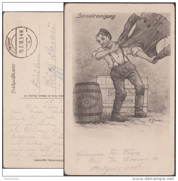 Allemagne 1918. Carte En Franchise Militaire. Nettoyage Rapide. Soldat Aérant Sa Veste. Fût De « Münchner Löwenbräu », - Bières