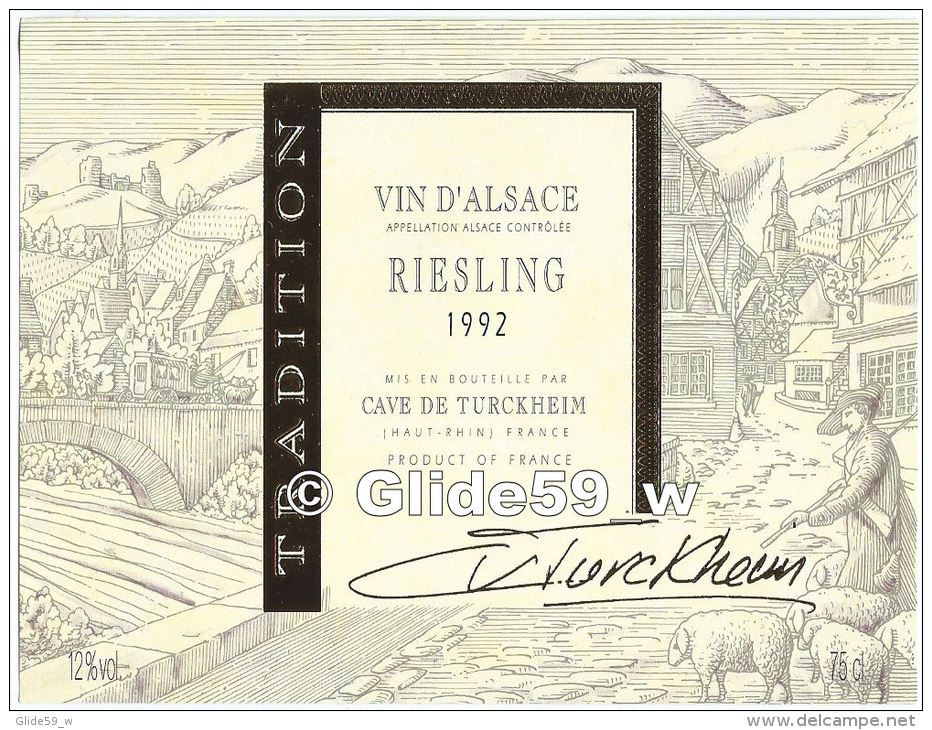 Etiquette De Vin - Vin D´Alsace - Riesling 1992 - Mis En Bouteille Par Cave De Turckheim - 12 % Vol. - 75 Cl. - Riesling