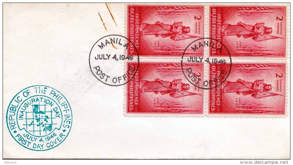 MANILA (Phillipinen) 1946 - FDC Mit 4 X 2 C Blockfrankierung - Philippines