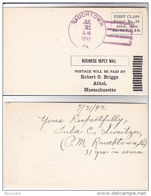 1942 RAUCHTOWN POST OFFICE Premit Paid COVER Card SIGNED POSTMASTER Hand Written Message 31 YEARS SERVICE Usa Stamps - Covers & Documents