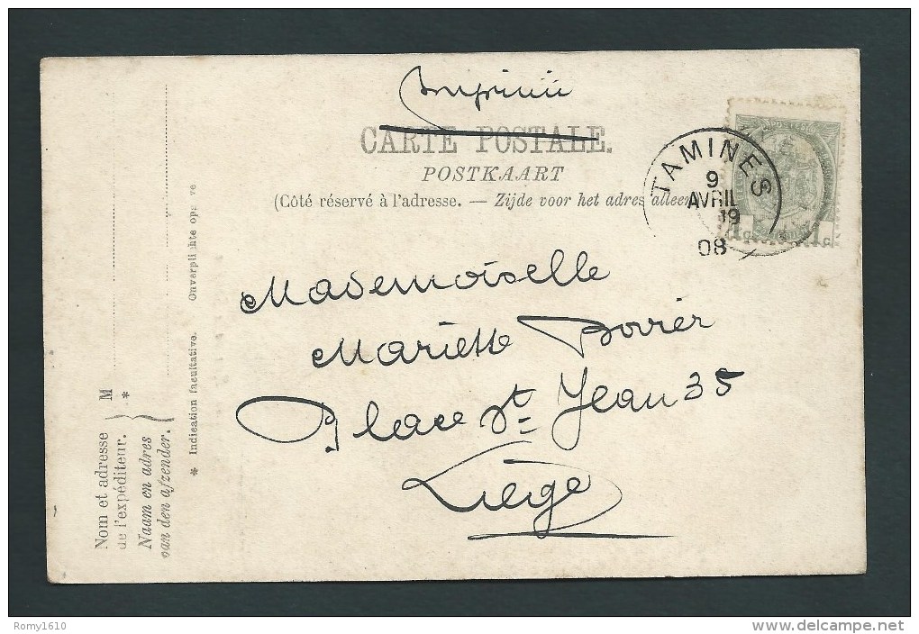 Tamines.  La Rue De La Station En Couleur - Animée, Attelages.   1908.    3 Scans. - Sambreville