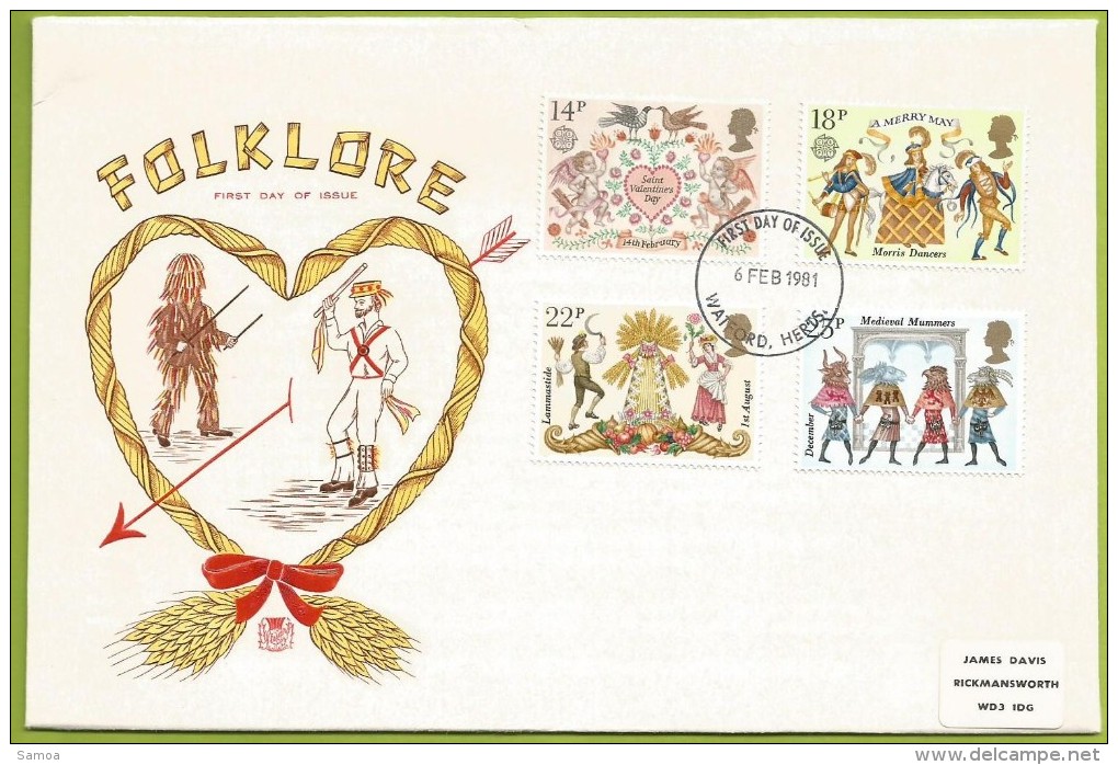 Grande-Bretagne 1981 972 à 975 FDC Europa Folklore Saint Valentin Coeur Danseurs Cheval Moisson - 1981