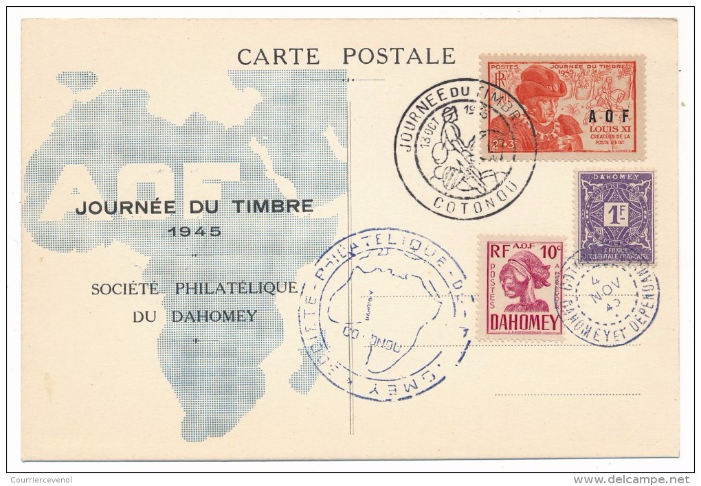 AOF - Dahomey => Carte "Journée Du Timbre" - COTONOU Oct 1945 + Cachet Ordinaire 4 Nov 1945 - Briefe U. Dokumente