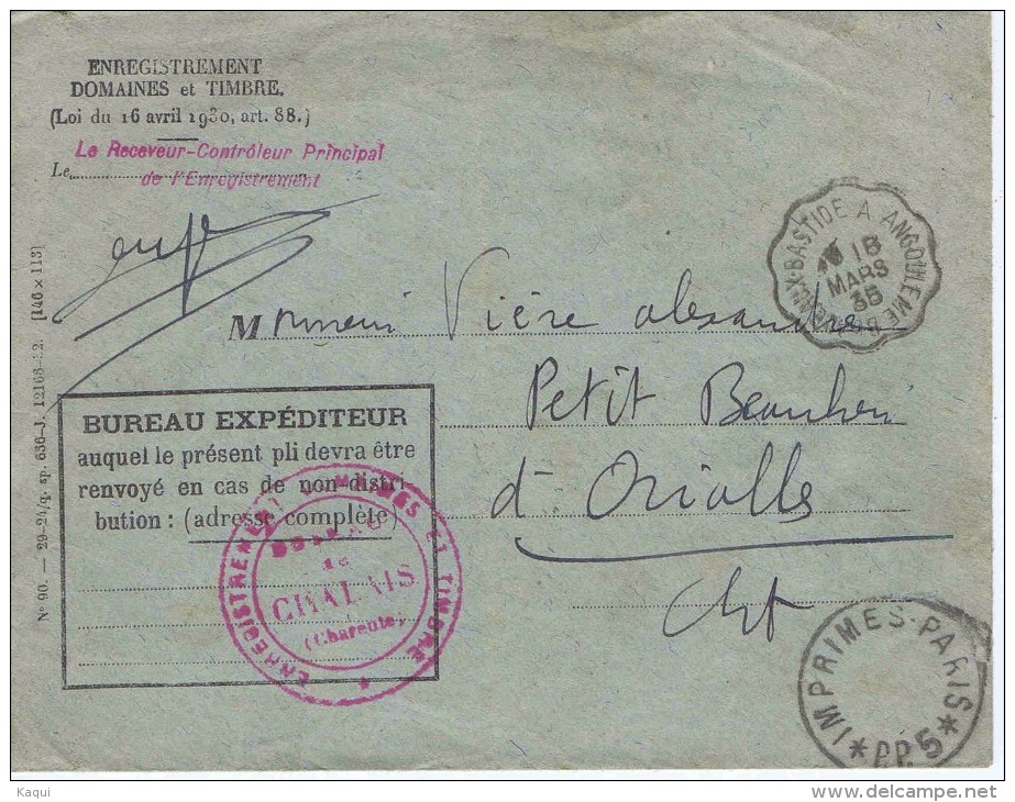 Cachet Port Payé 5 - Imprimés PARIS + Cachet Ambulant BORDEAUX-BASTIDE à ANGOULÊME Du 18 MARS  35 - Cachets Manuels