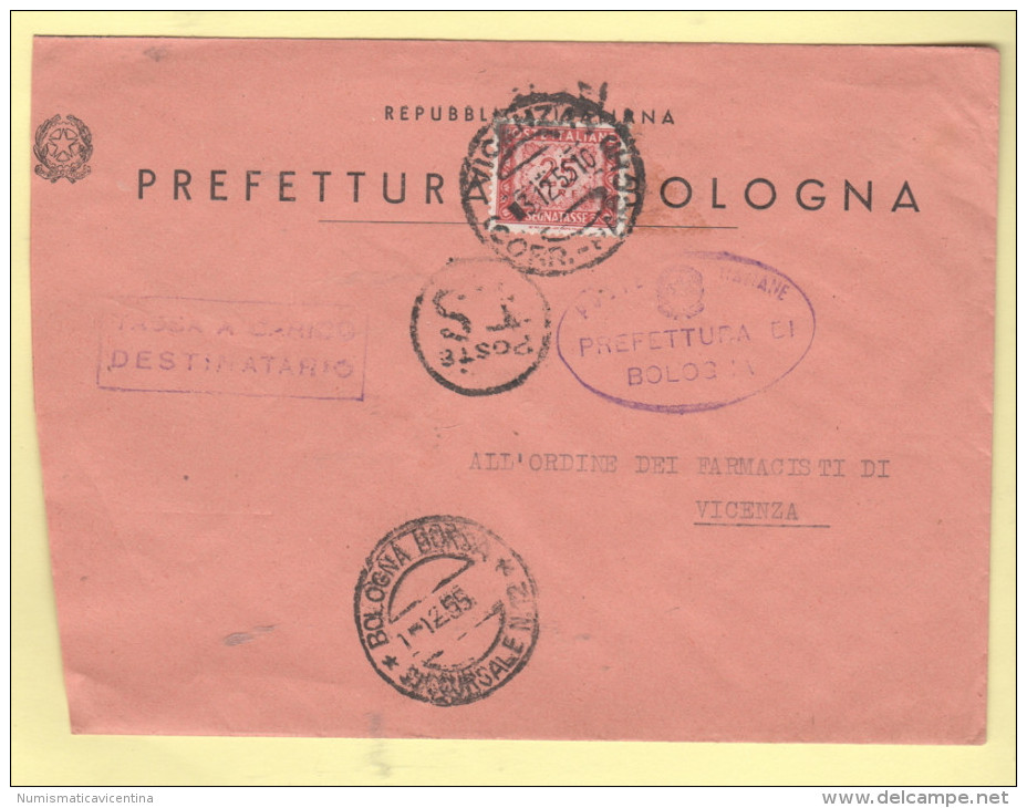 Busta Viaggiata  Bologna Borsa Su Vicenza Con Segnatasse 1955  Da 25 Lire - 2011-20: Storia Postale