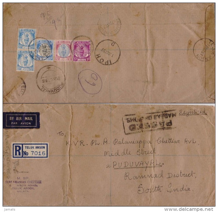 Malaya Perak, Registered Cover To India, Passed Postmark, Palm Tree, Ipoh Postmark, 1953 - Perak