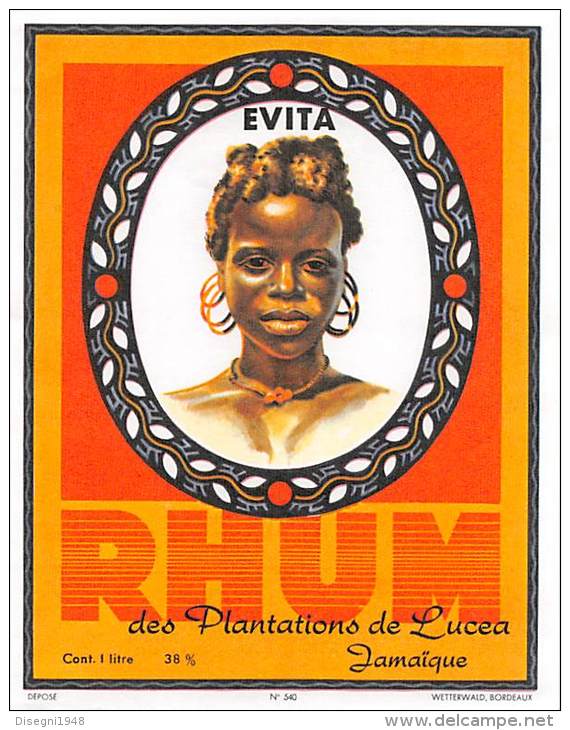 04319  "EVITA RHUM DE PLANTATIONS DE LUCEA - JAMAIQUE  - 1 LITRE - 38%" ETICHETTA ORIGINALE - Rhum