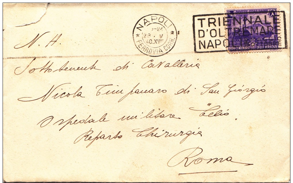 CENTENARIO DELLE FERROVIE ITALIANE.REGNO.REGNO 1939.BUSTA.ETICHETTA.ISOLATO.NAPOLI.1187 - Military Mail (PM)