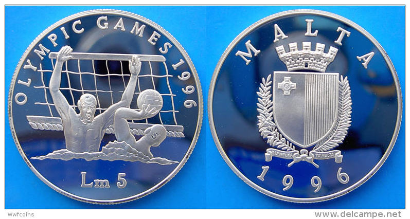 MALTA 5 L 1996 ARGENTO PROOF LIRA OLYMPIC GAMES WATER POLO PESO 31,47g TITOLO 0,925 CONSERVAZIONE FONDO SPECCHIO UNC - Malta