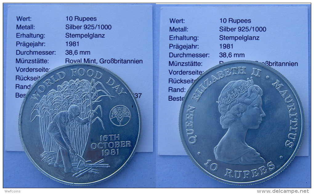 MAURITIUS 10 R 1981 ARGENTO SILVER WORLD FOOD DAY 16TH OCTOBER FAO PESO 28,28g TITOLO 0,925 CONSERVAZIONE FDC UNC. - Mauritius