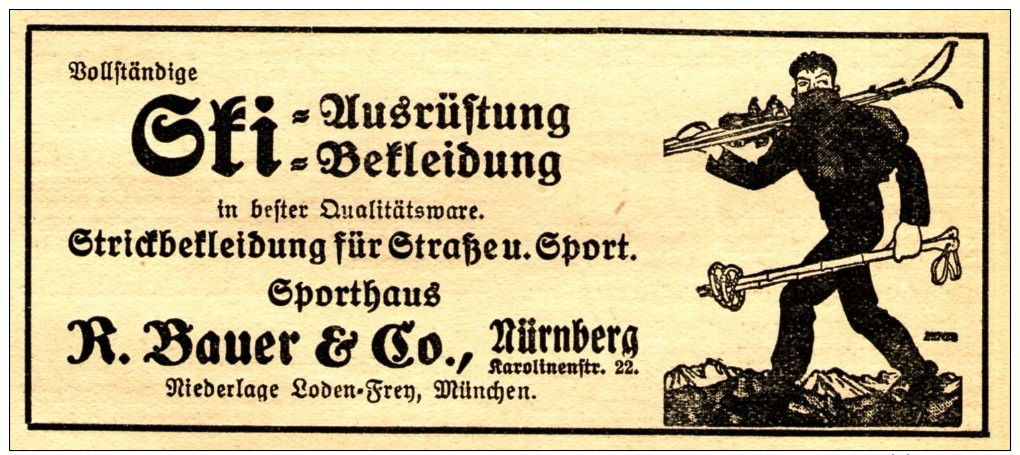 Original-Werbung/ Anzeige 1929 - SKI - AUSRÜSTUNG / BAUER & CO. NÜRNBERG - Ca. 115 X 50 Mm - Werbung