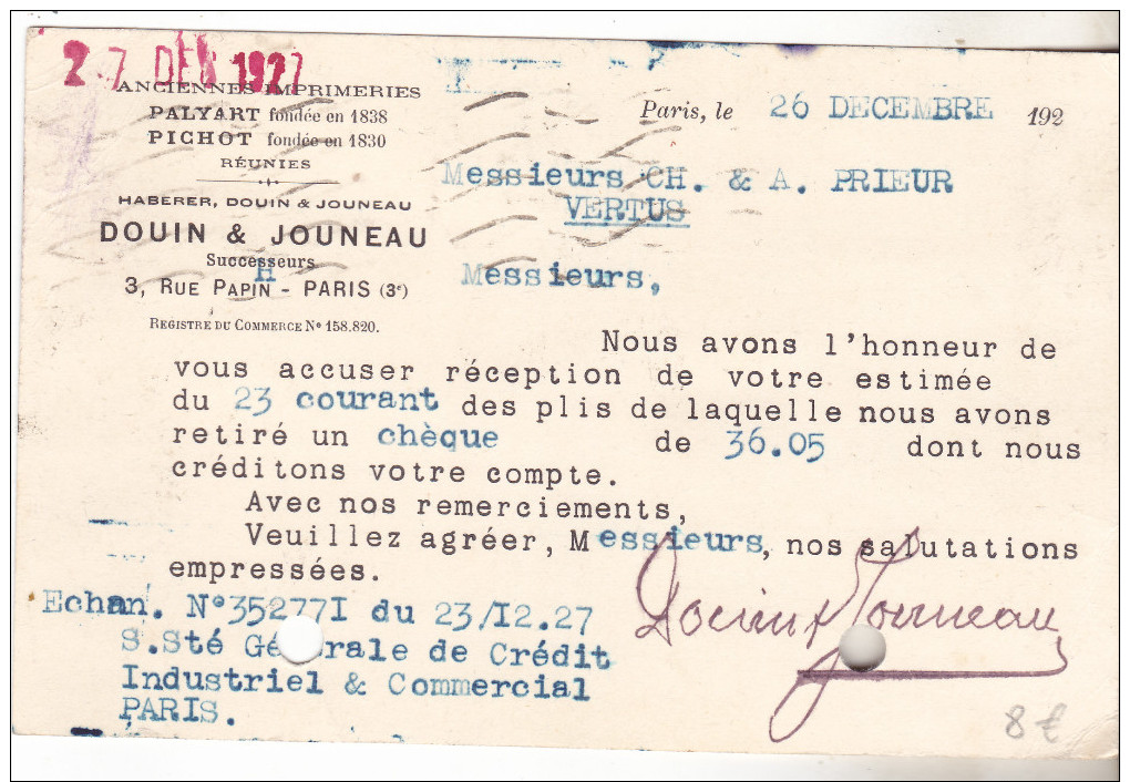 Carte Postale De 1927 Avec N°236 40 Ct Violet Semeuse Perforée PV (Palyart Pichot) Voir Scan.Tb état. - Other & Unclassified