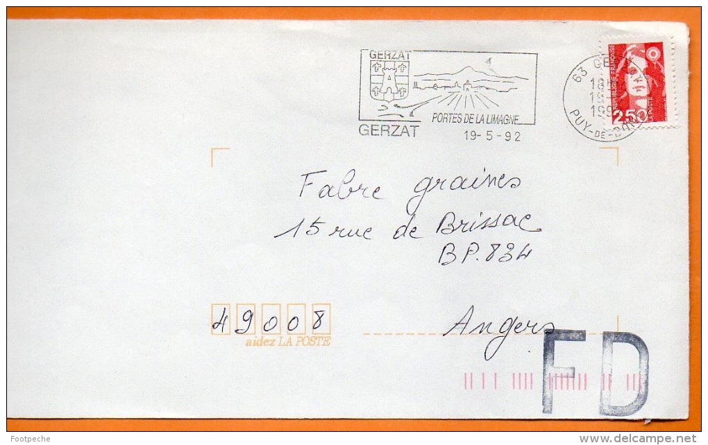 63 GERZAT   PORTE DE LA LIMAGNE  19 / 5 / 1992 Lettre Entière 110x220 N° U 160 - Mechanical Postmarks (Advertisement)