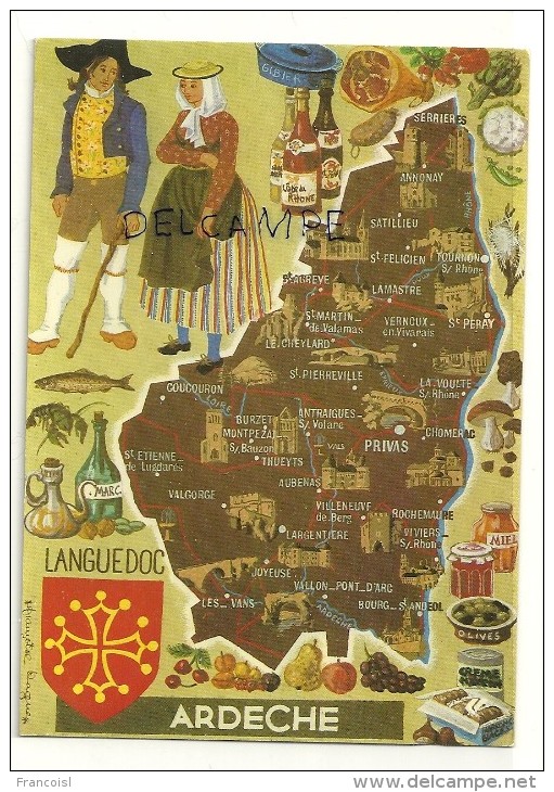 France. Ardèche. Languedoc. Carte Géographique, écusson, Costumes, Spécialités. Signée F. Dague. Cap-Théojac - Andere & Zonder Classificatie