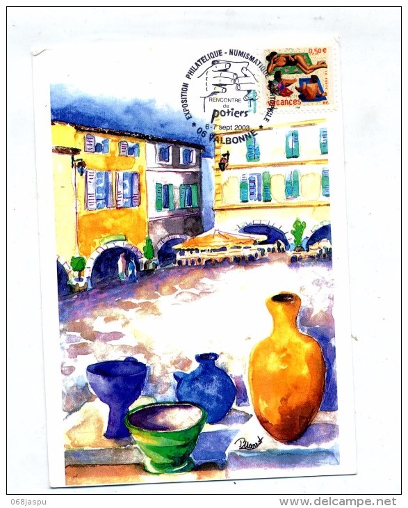 Carte Cachet Valbonne Rencontre Des Potiers Vue Poterie - Cachets Commémoratifs