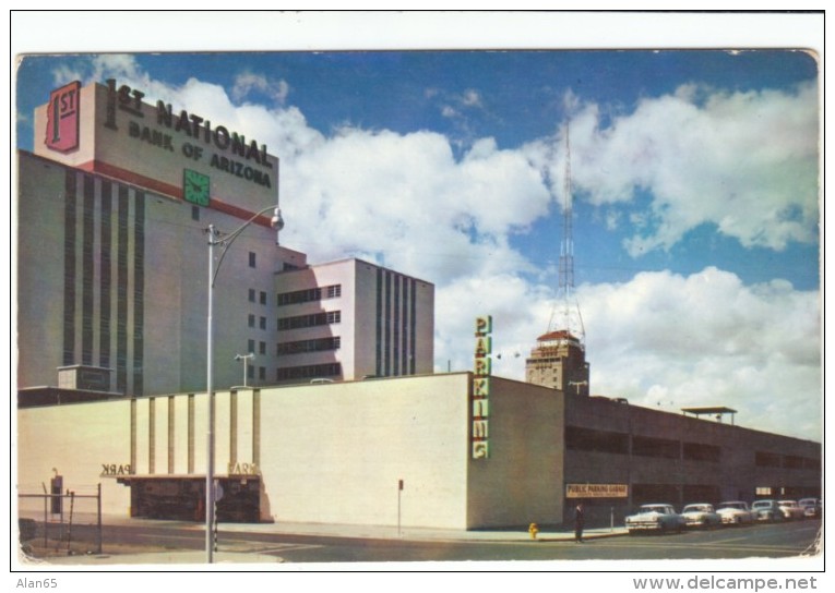 Phoenix Arizona, 1st National Bank Of Arizona &amp; Parking Garage, Street Scene, Auto, C1950s Vintage Postcard - Phoenix