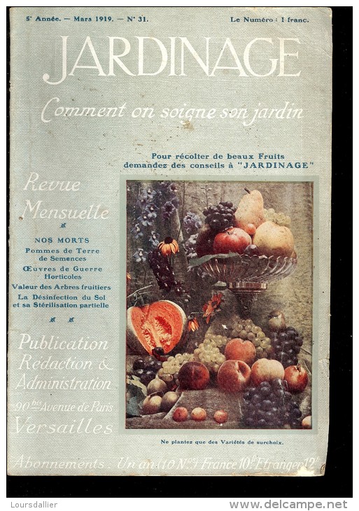 JARDINAGE N 31 03 1919 TRUFFAUT HARRACA POMMES DE TERRE OEUVRES DE GUERRE HORTICOLES  EVALUATION DOMMAGE ARBRE FRUITIER - Garden