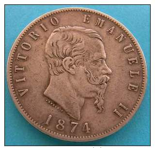 REGNO - 5  Lire  Scudo Argento 1874  Zecca Milano  Bb - 1861-1878 : Vittoro Emanuele II