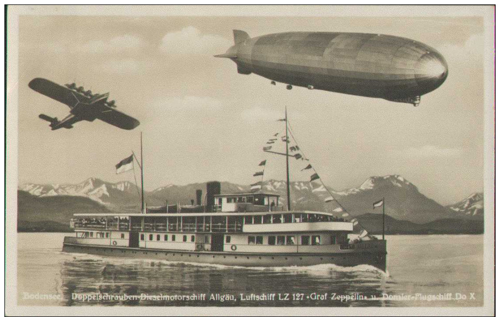 Bodensee, Dieselmotorschiff Allgäu, Luftschiff LZ 127, Graf Zeppelin, Dornier-Flugschiff Do X, Foto-Postkarte - Zeppeline