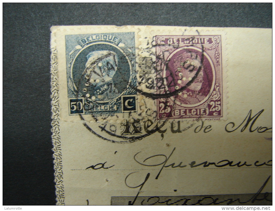 Perf. 5. Timbre N°197, 25 C &amp; N°211, 50 C, Perforé, Perfin Du Chiffre 3 Sur Un Reçu. - 1909-34