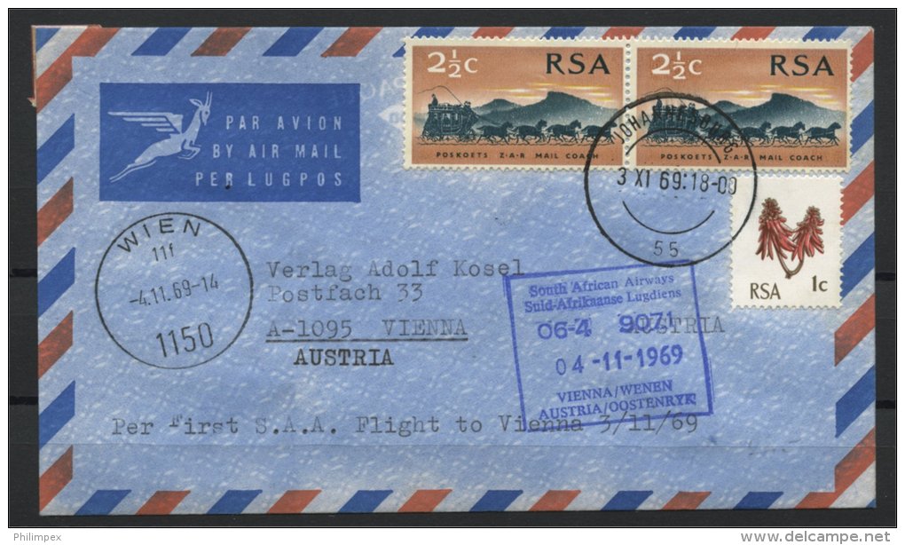 RSA, FIRST FLIGHT TO VIENNA 1969 - Lettres & Documents