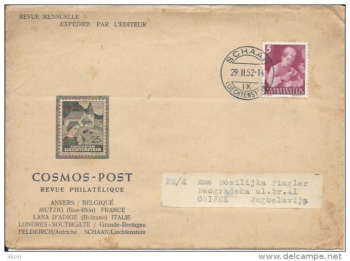 Letter FI000018 - Liechtenstein To Yugoslavia Croatia 1952 Revue Philatelique Cosmos Post - Other & Unclassified