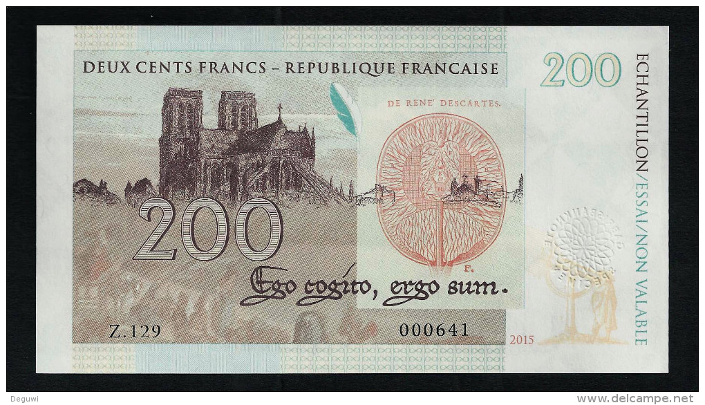 "200 F Frankreich", Entwurf, Beids. Druck, RRRR, UNC, Ca. 144 X 78 Mm, Essay, Trial, UV, Wm, Serial No., Intaglio - Fiktive & Specimen