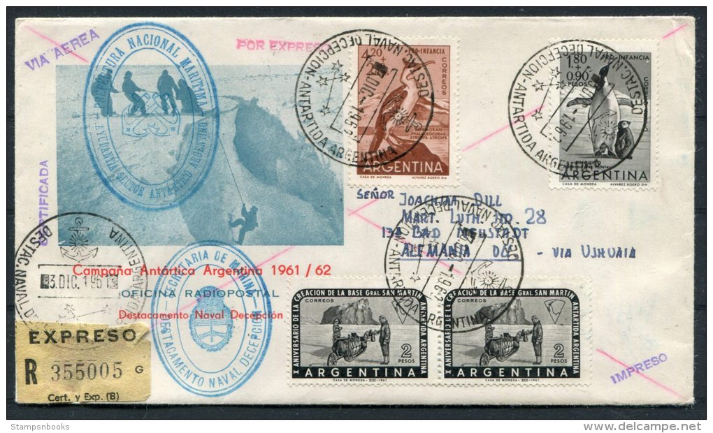 1962 Argentina Antarctic Registered Expresso Maritima Radiopostal Naval Decepcion Bahia Aguirre Ushuaia Expedition Ship - Expéditions Antarctiques